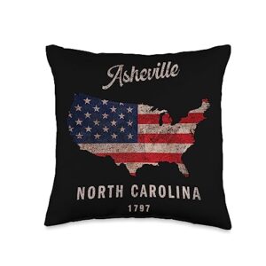 usa classic grunge map retro apparel asheville, nc 1797 throw pillow, 16x16, multicolor