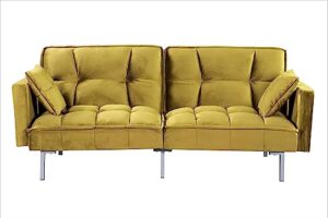 container furniture direct regal convertible sleeper sofa bed, velvet pull out couch with mid-century style, tufted design and metal legs, ideal for for guests and sleepovers, greenish yellow