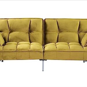 Container Furniture Direct Regal Convertible Sleeper Sofa Bed, Velvet Pull Out Couch with Mid-Century Style, Tufted Design and Metal Legs, Ideal for for Guests and Sleepovers, Greenish Yellow