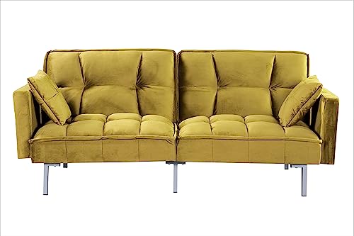 Container Furniture Direct Regal Convertible Sleeper Sofa Bed, Velvet Pull Out Couch with Mid-Century Style, Tufted Design and Metal Legs, Ideal for for Guests and Sleepovers, Greenish Yellow