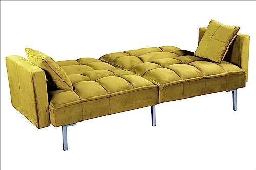 Container Furniture Direct Regal Convertible Sleeper Sofa Bed, Velvet Pull Out Couch with Mid-Century Style, Tufted Design and Metal Legs, Ideal for for Guests and Sleepovers, Greenish Yellow