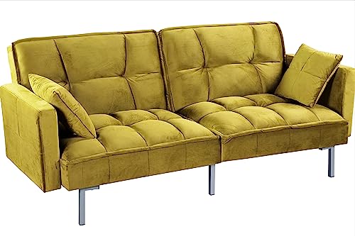 Container Furniture Direct Regal Convertible Sleeper Sofa Bed, Velvet Pull Out Couch with Mid-Century Style, Tufted Design and Metal Legs, Ideal for for Guests and Sleepovers, Greenish Yellow