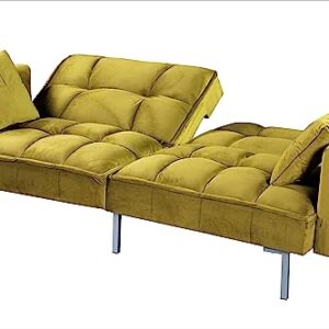 Container Furniture Direct Regal Convertible Sleeper Sofa Bed, Velvet Pull Out Couch with Mid-Century Style, Tufted Design and Metal Legs, Ideal for for Guests and Sleepovers, Greenish Yellow