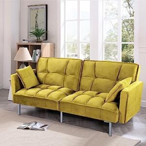 Container Furniture Direct Regal Convertible Sleeper Sofa Bed, Velvet Pull Out Couch with Mid-Century Style, Tufted Design and Metal Legs, Ideal for for Guests and Sleepovers, Greenish Yellow