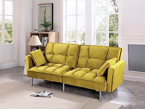 Container Furniture Direct Regal Convertible Sleeper Sofa Bed, Velvet Pull Out Couch with Mid-Century Style, Tufted Design and Metal Legs, Ideal for for Guests and Sleepovers, Greenish Yellow