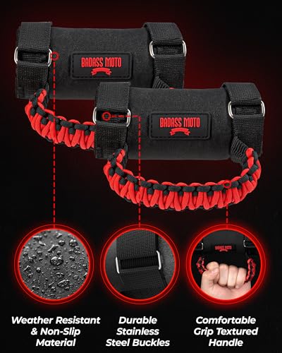 UTV Grab Handles Roll Bar Grab Handles. RZR Passenger Grab Handle 2 Pack Roll Cage Handle Fits Polaris Ranger, Mule, Teryx, CFMoto, Yamaha, Honda Pioneer, Can Am SxS UTV Accessories Red Paracord