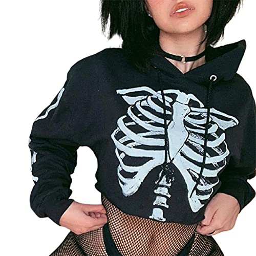 Louatui Women's Halloween Goth Skeleton Hoodie Crop Top Gothic Punk Bandage Casual Pullover Long Sleeve Relaxed Fit Sweatshirts (Black, S)