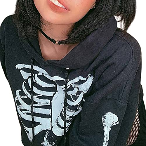 Louatui Women's Halloween Goth Skeleton Hoodie Crop Top Gothic Punk Bandage Casual Pullover Long Sleeve Relaxed Fit Sweatshirts (Black, S)