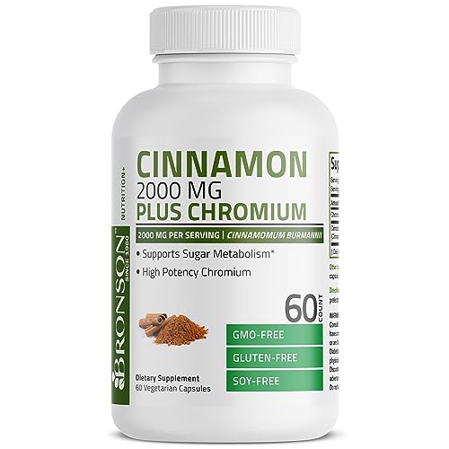 Bronson Cinnamon 2000 MG per Serving Plus Chromium Supports Sugar Metabolism, High Potency Chromium, Non-GMO, 60 Vegetarian Capsules