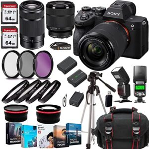 sony a7 iv mirrorless camera fe 28-70mm f/3.5-5.6 oss lens e 55-210mm f/4.5-6.3 oss lens+case+128 gig memory cards+ttl flash+tripod(17pc) bundle (renewed)