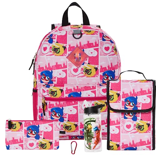 Miraculous Ladybug Cat Noir Backpack Set with Lunch Bag for Girls, 16 inch, 5 Piece Value Set, Pink