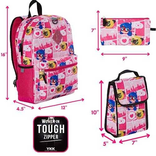 Miraculous Ladybug Cat Noir Backpack Set with Lunch Bag for Girls, 16 inch, 5 Piece Value Set, Pink