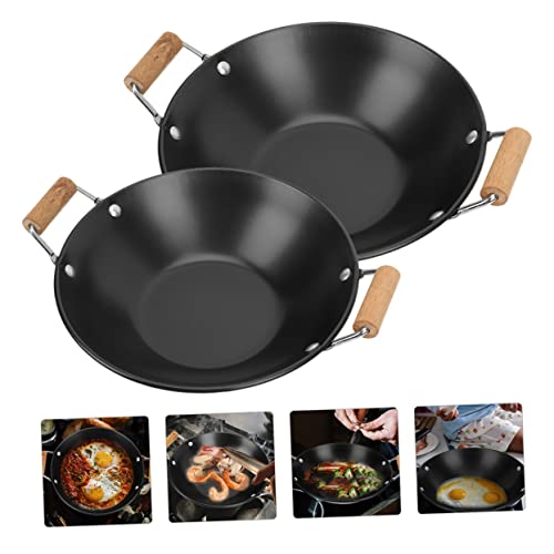 HEMOTON 2pcs Stainless Steel Griddle Korean Hot Pot Asian Cookware Non Stick Skillets Saucier Pan Cast Iron Wok with Lid Small Wok Thickened Pot Kitchen Supply Pot with Double Ear Thicken