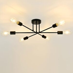 flamwild ceiling light fixture, modern sputnik chandelier, mid century industrial lighting for bedroom kitchen dining living room (black)