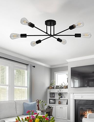 FLAMWILD Ceiling Light Fixture, Modern Sputnik Chandelier, Mid Century Industrial Lighting for Bedroom Kitchen Dining Living Room (Black)