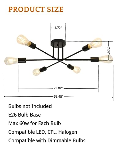 FLAMWILD Ceiling Light Fixture, Modern Sputnik Chandelier, Mid Century Industrial Lighting for Bedroom Kitchen Dining Living Room (Black)