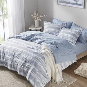 codi bedding comforter set queen size, 7 pieces blue white striped bed in a bag reversible, modern cationic dyeing bed sets with 1 comforter, 2 pillow shams, flat sheet, fitted sheet and 2 pillowcases