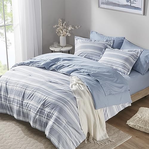 Codi Bedding comforter set Queen Size, 7 Pieces Blue White Striped Bed in a Bag Reversible, Modern Cationic Dyeing Bed Sets with 1 Comforter, 2 Pillow Shams, Flat Sheet, Fitted Sheet and 2 Pillowcases