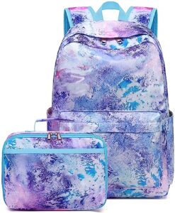 camtop girls backpack with lunch box lightweight waterproof preschool kindergarten elementary school bookbag set(marble purple)