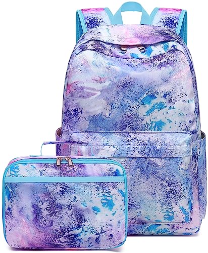 CAMTOP Girls Backpack with Lunch Box Lightweight Waterproof Preschool Kindergarten Elementary School BookBag Set(Marble Purple)