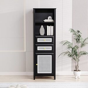 imgdd boho style slim tall cabinet with rattan door, mid century modern tower cabinet up to 63", country style freestanding organizer with metal handles for living room, bedroom, bathroom (black)
