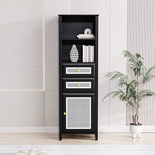 IMGDD Boho Style Slim Tall Cabinet with Rattan Door, Mid Century Modern Tower Cabinet Up to 63", Country Style Freestanding Organizer with Metal Handles for Living Room, Bedroom, Bathroom (Black)