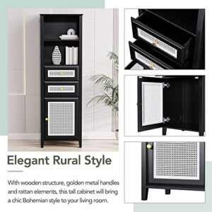 IMGDD Boho Style Slim Tall Cabinet with Rattan Door, Mid Century Modern Tower Cabinet Up to 63", Country Style Freestanding Organizer with Metal Handles for Living Room, Bedroom, Bathroom (Black)