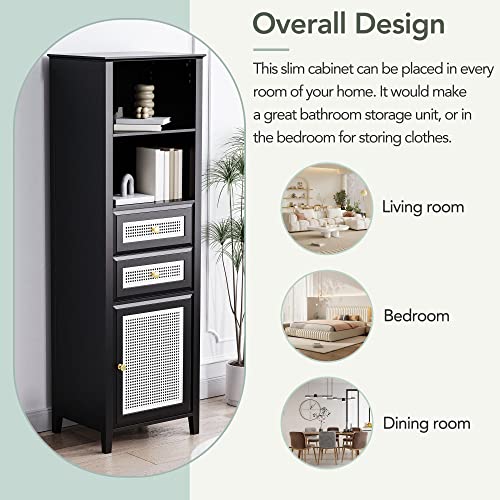 IMGDD Boho Style Slim Tall Cabinet with Rattan Door, Mid Century Modern Tower Cabinet Up to 63", Country Style Freestanding Organizer with Metal Handles for Living Room, Bedroom, Bathroom (Black)