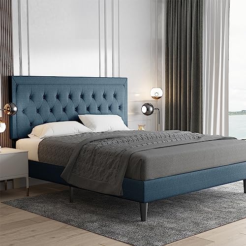 Allewie Queen Size Bed Frame Upholstered Platform Bed with Adjustable Headboard, Button Tufted, Wood Slat Support, Easy Assembly, Blue