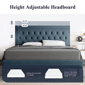 Allewie Queen Size Bed Frame Upholstered Platform Bed with Adjustable Headboard, Button Tufted, Wood Slat Support, Easy Assembly, Blue