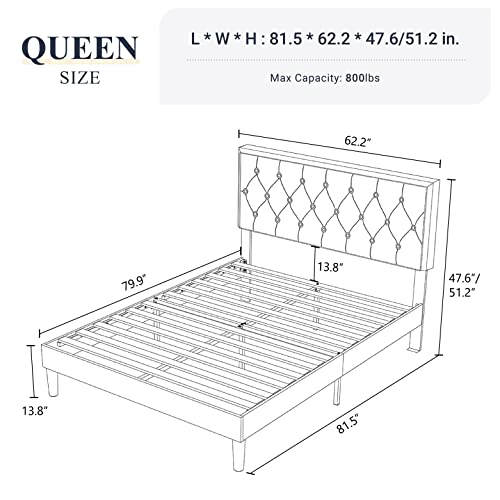 Allewie Queen Size Bed Frame Upholstered Platform Bed with Adjustable Headboard, Button Tufted, Wood Slat Support, Easy Assembly, Blue