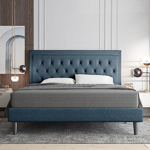 Allewie Queen Size Bed Frame Upholstered Platform Bed with Adjustable Headboard, Button Tufted, Wood Slat Support, Easy Assembly, Blue