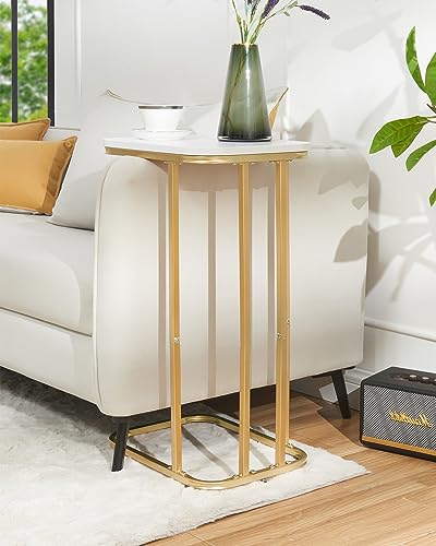 KJGKK C Shaped End Table, 26.6 inches High Side Table for Couch Sofa Bed, Small Tv Tray, for Living Room, Bedroom, Metal Frame, Gold & White