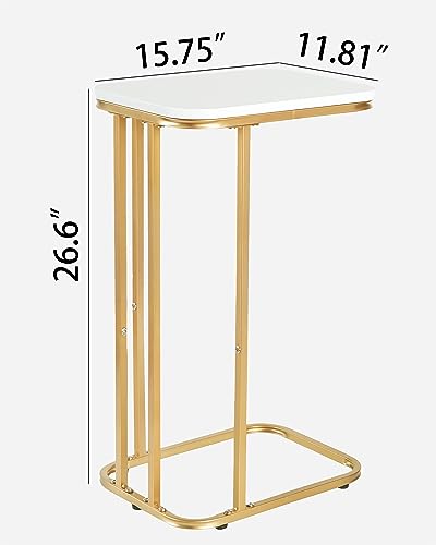 KJGKK C Shaped End Table, 26.6 inches High Side Table for Couch Sofa Bed, Small Tv Tray, for Living Room, Bedroom, Metal Frame, Gold & White