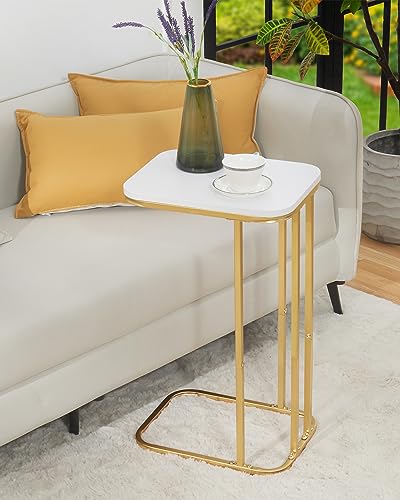 KJGKK C Shaped End Table, 26.6 inches High Side Table for Couch Sofa Bed, Small Tv Tray, for Living Room, Bedroom, Metal Frame, Gold & White