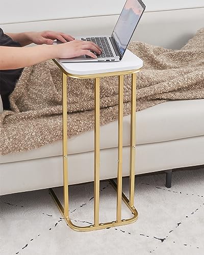 KJGKK C Shaped End Table, 26.6 inches High Side Table for Couch Sofa Bed, Small Tv Tray, for Living Room, Bedroom, Metal Frame, Gold & White