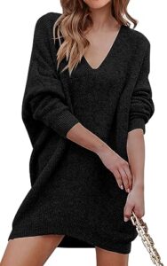 prettygarden women's pullover sweater dress casual long sleeve ribbed knit v neck loose oversized sweaters dresses (black,large)