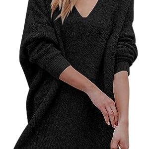 PRETTYGARDEN Women's Pullover Sweater Dress Casual Long Sleeve Ribbed Knit V Neck Loose Oversized Sweaters Dresses (Black,Large)