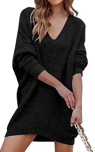 PRETTYGARDEN Women's Pullover Sweater Dress Casual Long Sleeve Ribbed Knit V Neck Loose Oversized Sweaters Dresses (Black,Large)