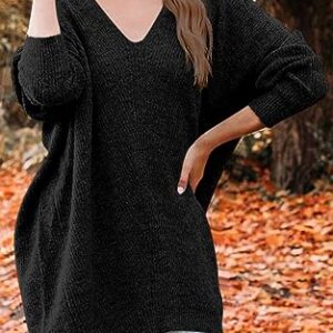 PRETTYGARDEN Women's Pullover Sweater Dress Casual Long Sleeve Ribbed Knit V Neck Loose Oversized Sweaters Dresses (Black,Large)