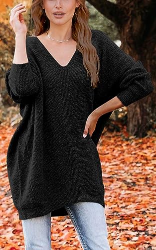 PRETTYGARDEN Women's Pullover Sweater Dress Casual Long Sleeve Ribbed Knit V Neck Loose Oversized Sweaters Dresses (Black,Large)