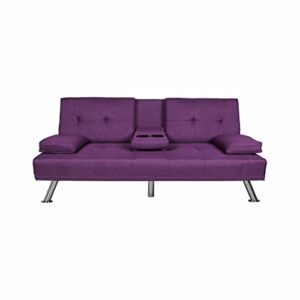 eafurn convertible futon bed, soft upholstered loveseat adjustable sleeper, button tufted sofa & couch with removable pillow top armrests and 2 cup holders, purple polyester a