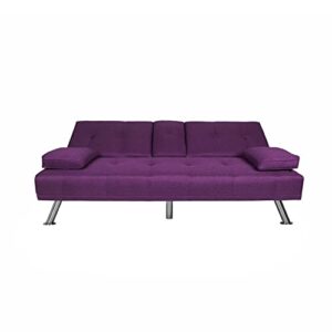 Eafurn Convertible Futon Bed, Soft Upholstered Loveseat Adjustable Sleeper, Button Tufted Sofa & Couch with Removable Pillow Top Armrests and 2 Cup Holders, Purple Polyester A