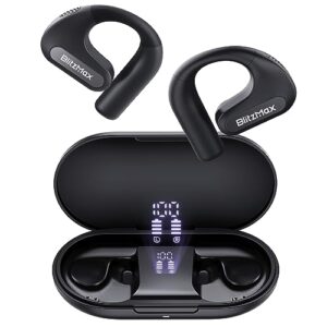 blitzmax open ear headphones wireless bluetooth 5.3 with 4 mic, open ear earbuds with dual 16.2mm dynamic drivers, 61h playtime, deep bass headhones for iphone, sports, running, walking, workout