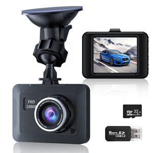 dash camera for cars, dash cam 1080p full hd dual, 32g sd card, dashcam 170 wide angle 2.4" lcd display, super night vision, g-sensor, parking monitor, wdr, loop recording