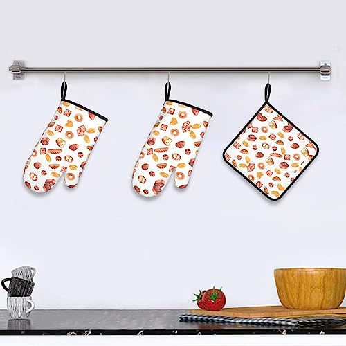 Painted Bread Oven Mitts and Pot Holders Sets 3pcs Heat Resistant Waterproof for Cooking Baking Grilling