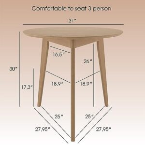 DAIVA CASA Orion Light 31 inch 3 Legs Round Table for 3 Person - Birch Solid Wood Kitchen & Dining Room Furniture - Mid Century Modern Scandinavian Style – Brown Table for Small Space