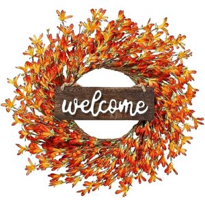 sggvecsy artificial fall wreath 20’’ autumn front door wreath harvest wreath with forsythia flowers orange berries welcome sign for outside indoor wall window festival thanksgiving fall autumn decor
