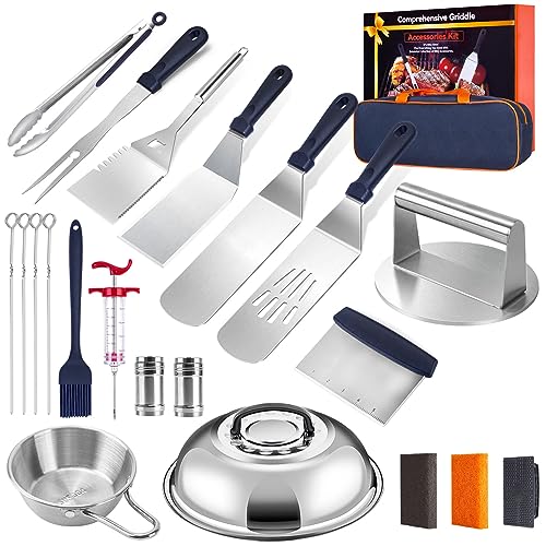 Griddle Accessories for Blackstone Grill Accessories 22pcs Stainless Steel Barbecue Tools Kit with Burger Smasher Spatula Basting Cover Carry Bag for Camping,Flat Top Camp Chef Utensil