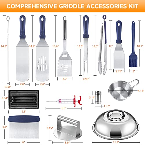 Griddle Accessories for Blackstone Grill Accessories 22pcs Stainless Steel Barbecue Tools Kit with Burger Smasher Spatula Basting Cover Carry Bag for Camping,Flat Top Camp Chef Utensil